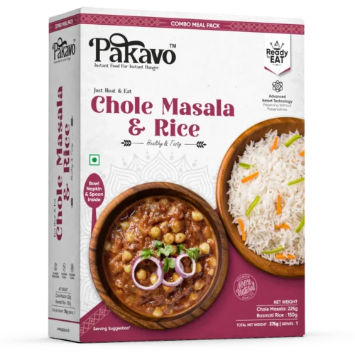 Chole Masala & Rice Ready-to-Eat Combo Meal Pack | Microwaveable Bowl, Spoon & Napkin Included | Just Heat & Eat – 375g